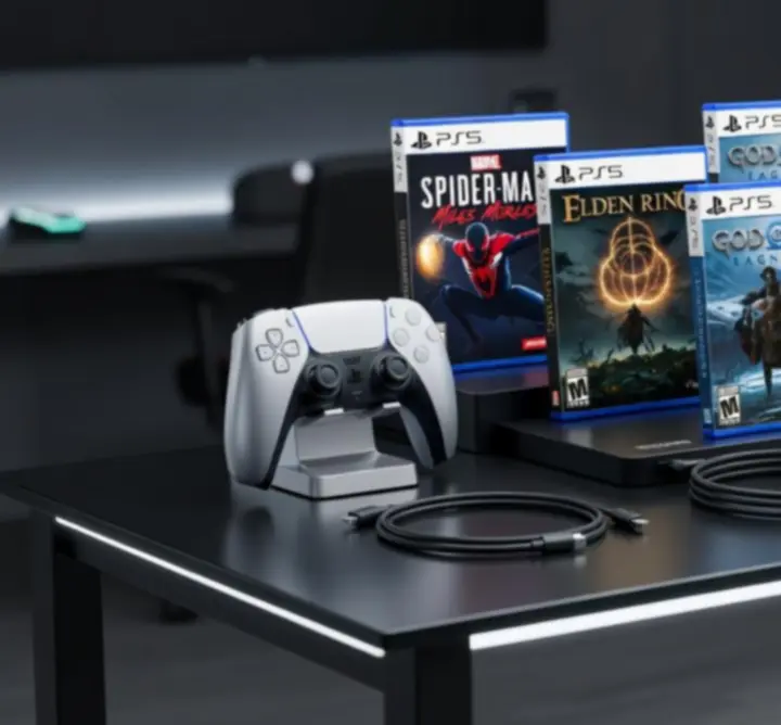 Sélection de jeux PS5 best-sellers alignés sur une étagère de boutique.