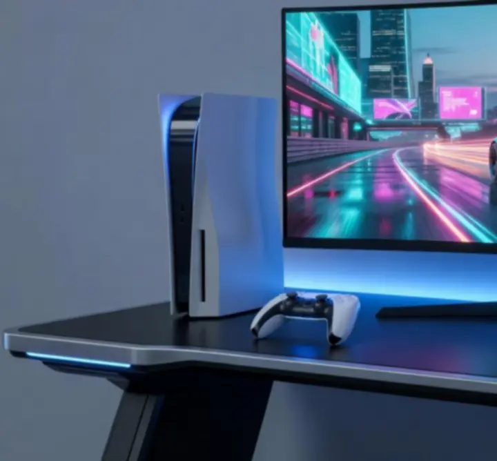 Configuration de course PS5 avec volant, voiture sportive et ambiance lumineuse bleue.