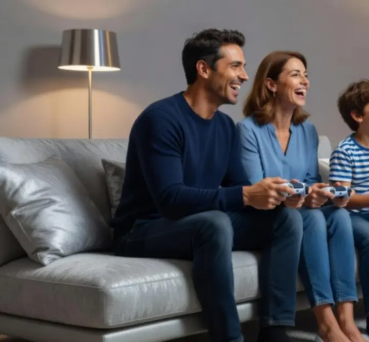 Famille jouant ensemble à des party games sur PlayStation 5 dans un salon moderne.