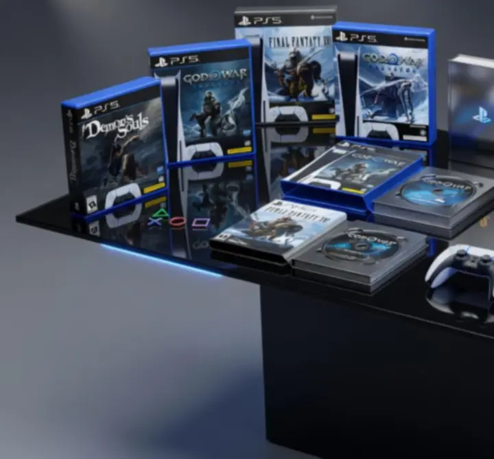 Vitrine d'éditions collector PS5 avec steelbooks et figurines