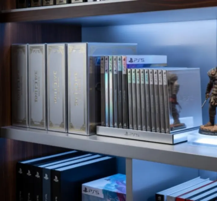 Éditions collector PS5 alignées avec boîtiers steelbook, figurines et contenu exclusif.