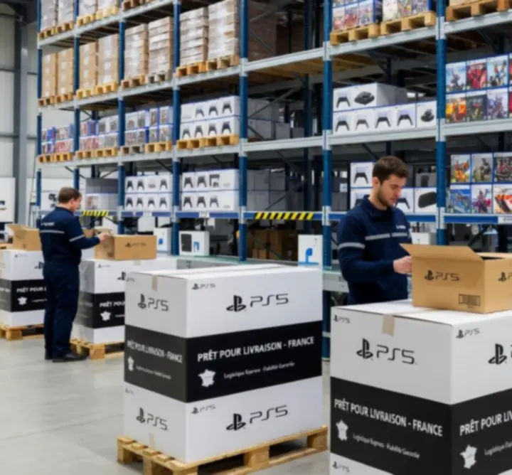 Colis de jeux PS5 et accessoires gaming prêts à être expédiés en France