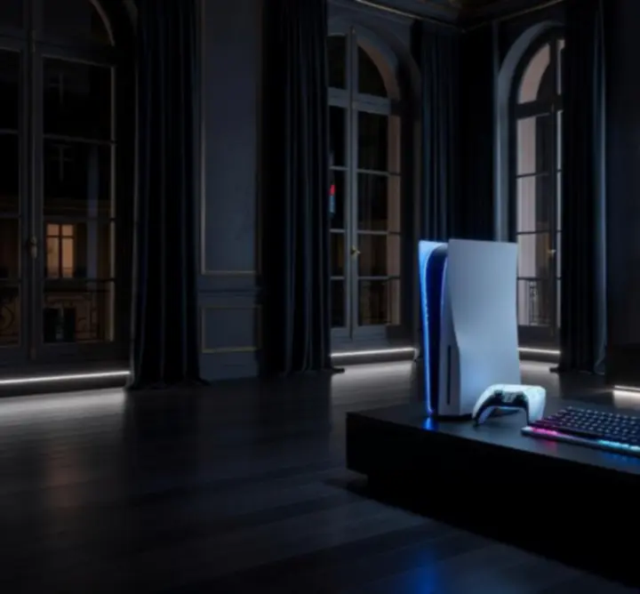 Configuration gaming PS5 moderne avec console, manettes et écran futuriste.