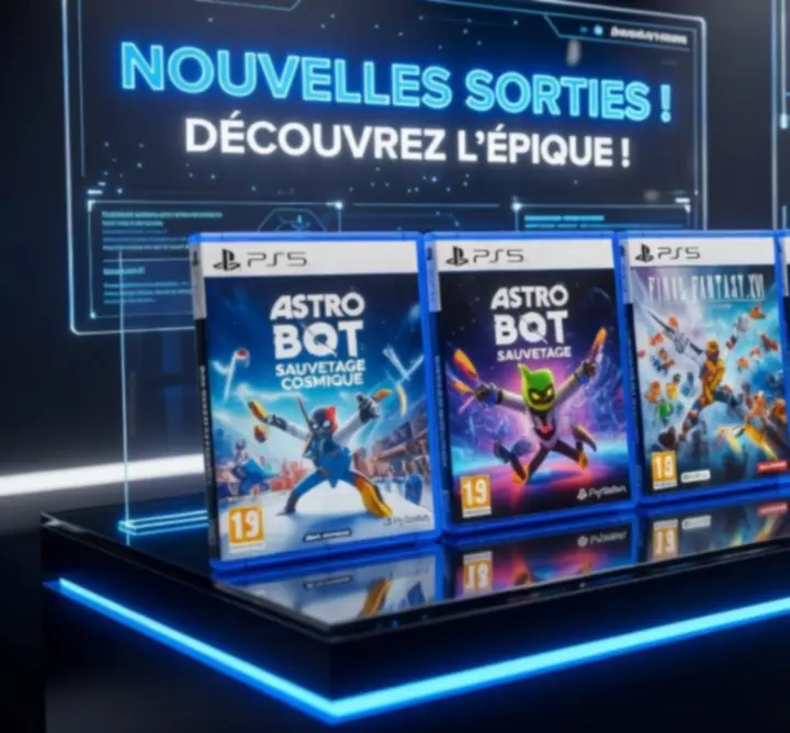 Collection de boîtes de nouveaux jeux PS5 mises en avant dans une vitrine gaming.