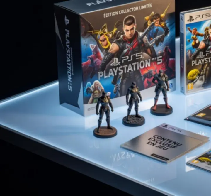 Édition collector PS5 avec figurine et packaging premium sur un bureau de gamer
