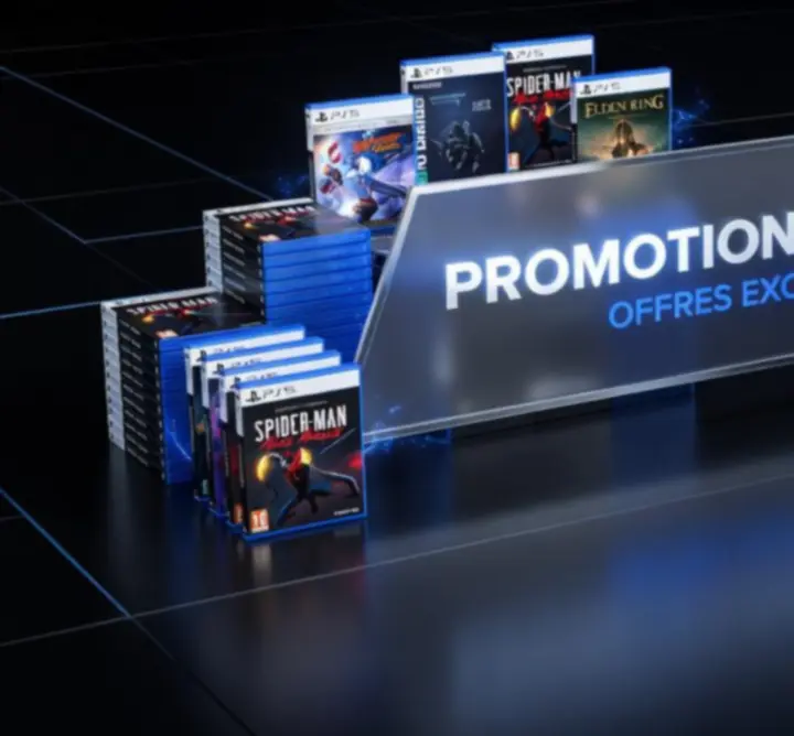 Visuel promotionnel PS5 mettant en avant des remises sur jeux et accessoires.