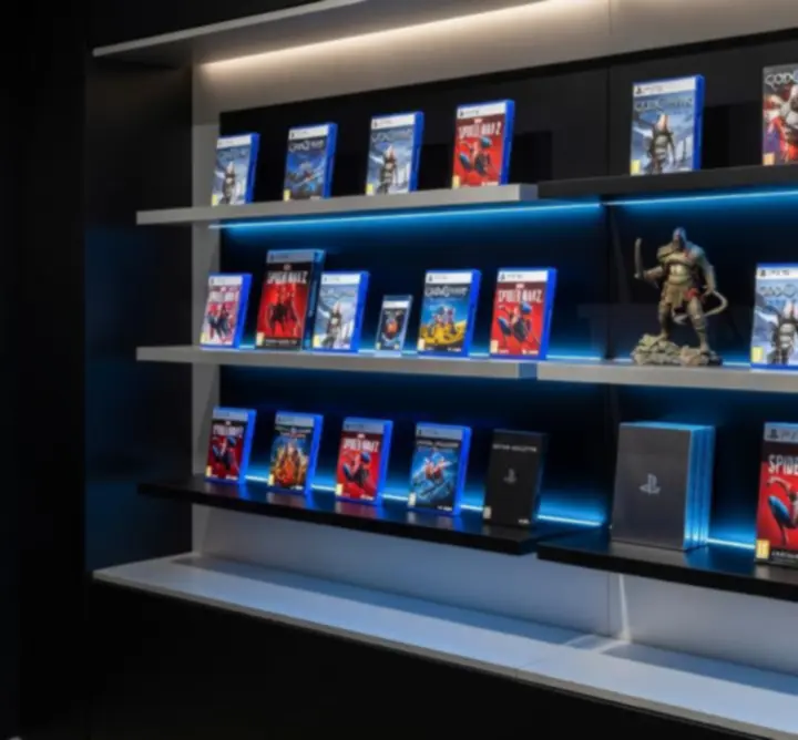Sélection de jeux PS5 et éditions collector présentée dans un espace gaming futuriste