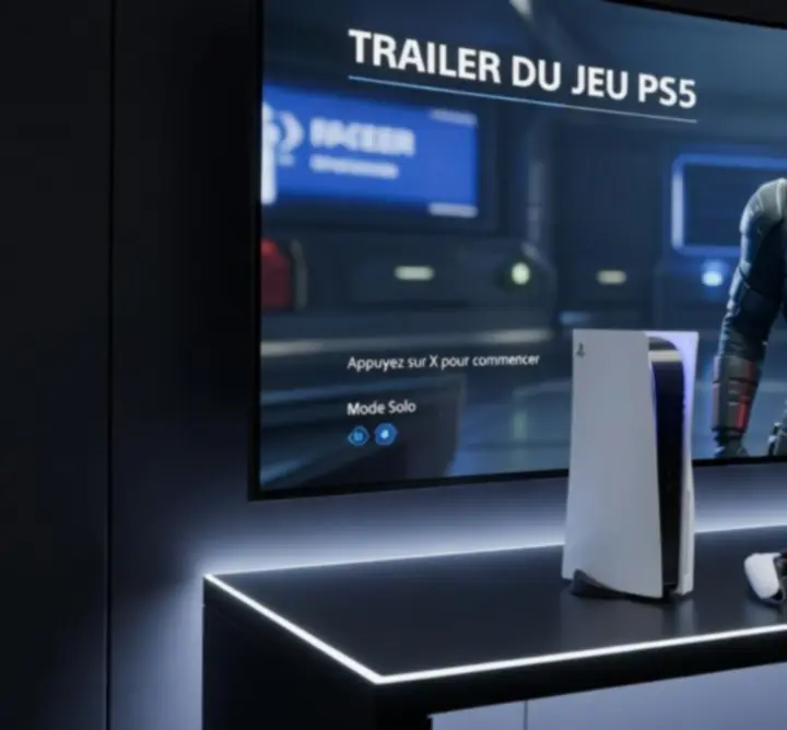 Setup gaming avec écran affichant un trailer de jeu PS5 dans une ambiance futuriste