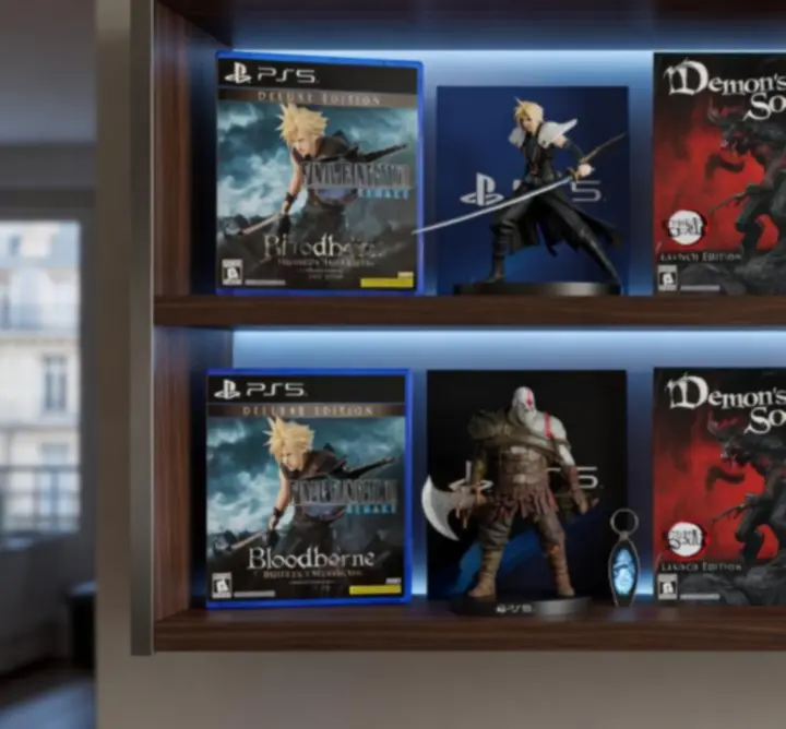 Vitrine gaming avec éditions collector PS5 exposées