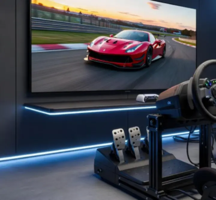 Volant de simulation PS5 avec pédalier dans un setup de course